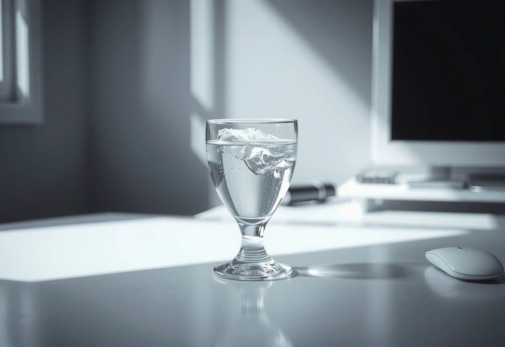 Čaša vode na stolu, refleksija svetlosti